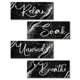 ONIZHITY 4 Pcs Black And Silver Bathroom Decor Wall Signs Relax Soak Unwind Breathe Wooden Rustic Marble Style Bathroom Accessories for Bedroom Living Room Kitchen Decoration(Black Silver 10X4")