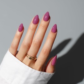 KQueenest Plum Purple Press on Nails Short Almond, Short False Nails with Glue, Solid Berry Purple Fake Nails Press ons Stiletto, Glossy Opaque, Reusable Soft Gel Stick on Nail for Women, 30 Pcs