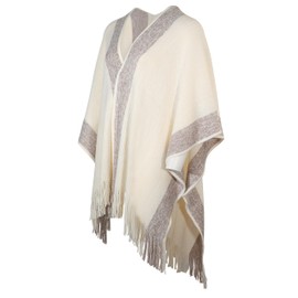 ZLYC Women's Shawl Golden Trim Knit Blanket Wrap Fringe Poncho Coat Cardigan,Plain Cream White