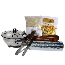 Incense Pan Set Silver Nickel 5 Pieces Incense Burner for Smoking Frankincense, Resins, Includes Frankincense, Charcoal Smoking Sand, Smoking Tongs