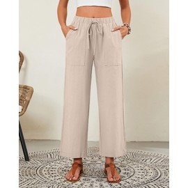 Neer 2 Pack Women’s Linen Pants with Pocket, Casual Summer Drawstring Beach Pants High Waisted Wide Leg Loose Palazzo Trouser(Beige, Brown,Large)