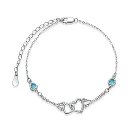 Light Blue Bracelet for Women 925 Sterling Silver Double Heart Bracelets Blue Zircon Dainty Beach Jewelry Navy Blue Heart December Birthstone Chain Jewelry for Best Friends