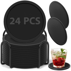 24PCS Posavasos de Silicona con Soporte, Posavasos para Beber - Posavasos para Bebidas Calientes o Frías, Espeso, Antideslizante, Antiadherente, Bandeja Profunda Negro