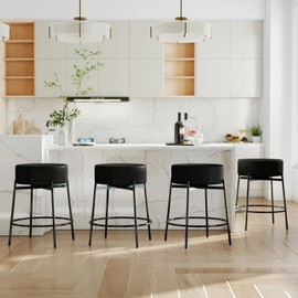 SoarFlash Modern Rotatable Bar Stools Set of 4, 24" Sherpa Swivel Counter Height Stools with Round Soft Padded Boucle Backless Seat, Black