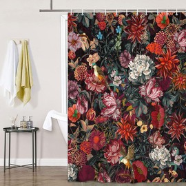Drgilau Floral Shower Curtain, Vintage Floral Shower Curtain Set Red Flower Plants Bathroom Curtain, Black Floral Boho Shower Curtain with Hooks for Bathroom Decor 47X64 Inch