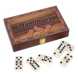 ZOOCEN Classic Double 6 Dominoes Set, Wooden Storage Case with Decorative Design, 28 Black Dot Tiles, White Pieces