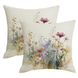 AWJTNCQ Spring Summer Floral Throw Pillow Covers 18x18 Set of 2 Colorful Wildflower Outdoor Pillows Cover Watercolor Flowers Rustic Farmhouse Linen Decorative Cushion Case for Couch Bed Decor