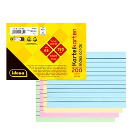 Idena 11384 - Karteikarten A6, 200 Stück liniert, Lernkarten aus 180 g/m² FSC-Mix Papier in 4 Farben, für Schule und Büro