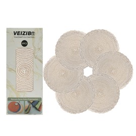 VEIZIBEE Table Mats， Heat Resistant Braided Placemats Lace meal mat Washable Anti Slip Round Place Mats for Kitchen Dining Table European Style，Hand Woven Fabric Table Mats of Ramie (Milk-Coffee,38cm