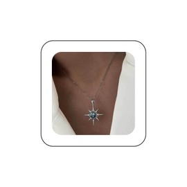 Inilbran Boho Opal Starburst Pendant Necklace Vintage Crystal Star Choker Necklace Silver Star Celestial Necklace Adjustable CZ Star Chain Necklace Jewellery for Women, Zinc, No Gemstone