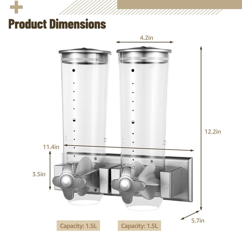 Dual-Headed Wall-Mounted Cereal Dispenser, 3L Large Capacity Dry Food Dispenser,