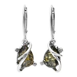 Amber Sterling Silver Earrings - Butterfly Back Art Deco Green Amber Fancy Dangly Drop - Amber Jewellery 070321