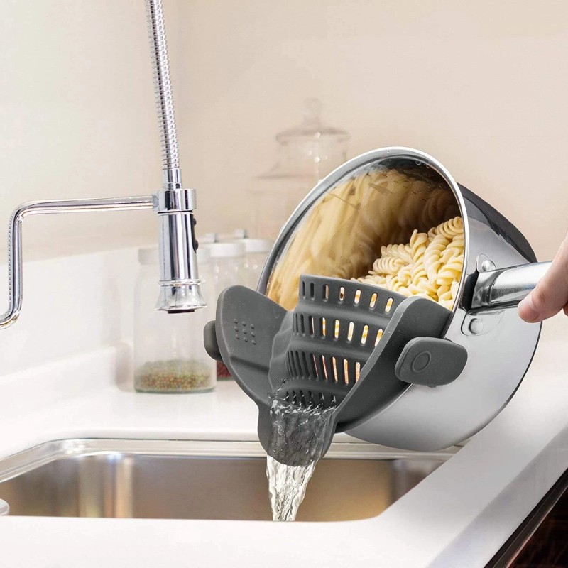 Kitchen Gizmo Hands Free Clip On Strainer Gray Silicone Dishwasher