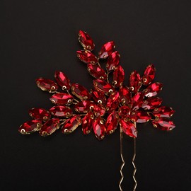 Teyglen Crystal Wedding Hair Pins Red Rhinestone Bridal Hair Clip Pin Flower Crystal Hair Piece Hair Accessories Jewelry for Women (Red)