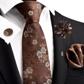 Gusleson Brown Tie for Men Wedding Business Party Floral Necktie Pocket Square Cufflinks and Lapel Pin Brooch Set (UK6107-26)