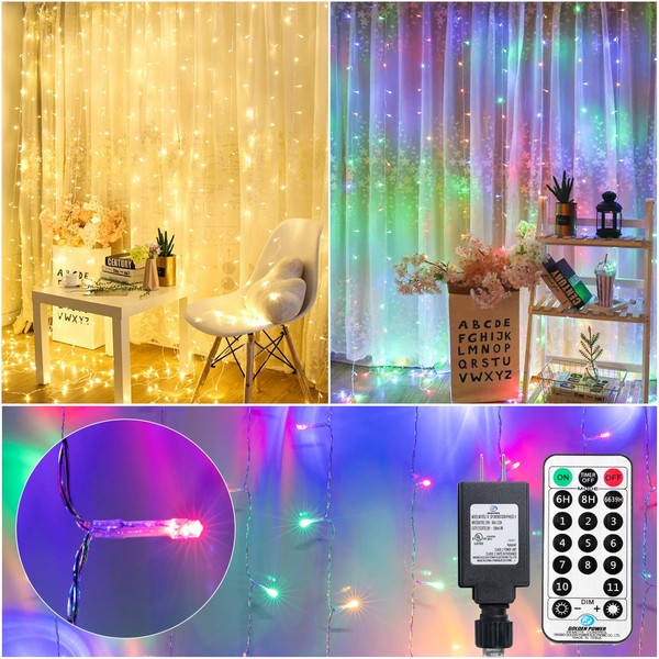 300 LED Curtain Lights 9.8 X 9.8 Feet String 11 Light Mode with Remote Dimmable for Valentines Day Party Bedroom Backdrop Window Twinkle Fairy Lights (Warm White & Multicolored)