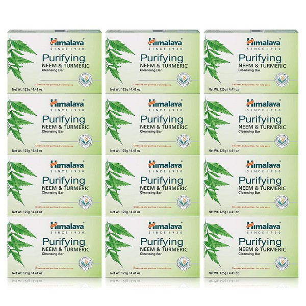 Himalaya Purifying Neem & Turmeric Cleansing Bar, Face and Body Soap for Soft, Clear & Acne Free Skin, 4.41 oz, 12 Pack