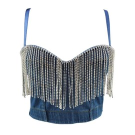 Women's Diamond Chain Bustier Crop Top Denim Corset Bra Bralet with Detachable Straps