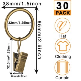 Gerhannery 30 Pack Rings Curtain Clips Strong Metal Decorative Drapery Window Curtain Ring with Clip Rustproof Vintage Compatible with up to 1 inch Drapery Rod Black (Copper)