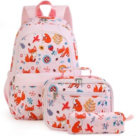 Unineovo Fox Backpack for Girls, Kids School Bookbag Set, Elementary Primary School Book Bag with Lunch Bag Pencil Case