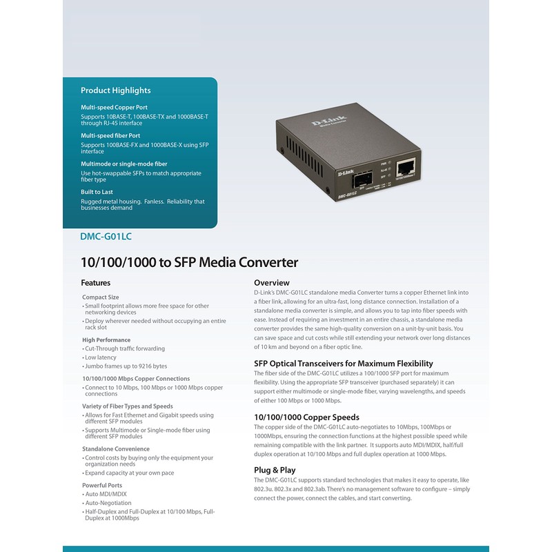D-Link DMC-G01LC 10/100/1000 to SFP Media Converter