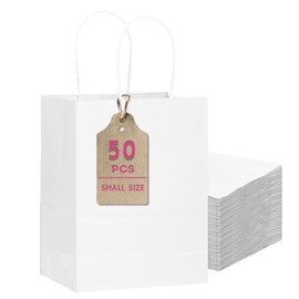 qiqee 50-Packs White Paper Gift Bags with Handles Bulk 8.3"x3"x 6" Small Size Paper Bags Multiple Uses(Small Size)