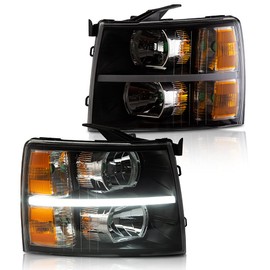 CNNELL LED DRL Headlight Assembly Compatible with 2007-2013 Chevy Silverado Headlights Bumper Lamp Set Replacement (LED Clause Type Clear lens Black Housing Amber Reflector) Left+Right