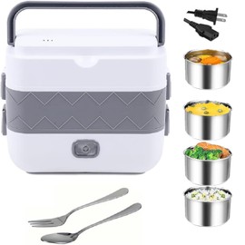 Portable Self Cooking Electric Lunch Box, 2L Mini Rice Cooker, 2 Layers 4 Stainless Steel Steamer Food Insulation Lunch Box for Home Office School Travel Kitchen Cook Raw Food, 110V/250-300W