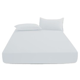 KHIM Luxury Extra Deep Fitted Sheet 16”/40CM Breathable Poly Cotton Plain Soft Long-Lasting Bed Sheet Single Double King Super King (White, Single)