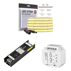 BTF-LIGHTING FCOB COB LED Strip 14W/m 16.4FT DC24V Warm White 3000K CRI90+ 10mm Width,DC24V2.5A Dimmable Triac/0-10V/1-10V Constant Voltage LED Driver,AC Triac Dimmer WiFi Alexa Google Home Tuya APP