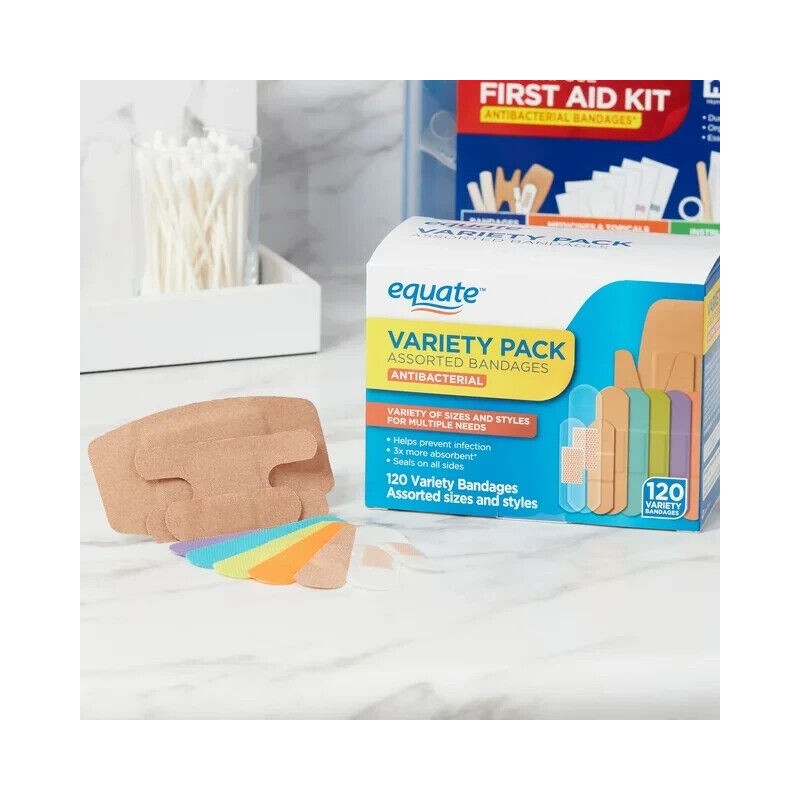 Equate Antibacterial Bandages Variety Pack, 120 Count