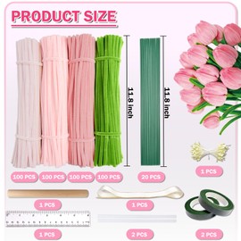 400Pcs Pipe Cleaners Craft for Flowers – Pipe Cleaners Bulk with 4 Assorted Colors Chenille Stems for DIY Flower Making Kit, Includes Floral Wires, Tape, Stamen and Ribbon(Pink)