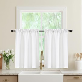 WelvetBLK White Kitchen Curtains 36 Inch Length 2 Panels, Light Filtering Farmhouse Faux Linen Textured Short Curtains for Windows, Small Curtain Tier for Cafe Cabinet Bathroom RV Camper, 30Wx36L Inch