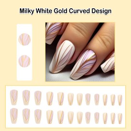 ANDGING Milky White Press on Nails Square Short Medium Glue on Nails for Women Fantasy Fake Nails with Gold Curved Designs Artificial Stick on Nails Gel Manicure Acrylic False Nails for Wedding
