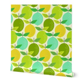 Peel & Stick Wallpaper 6ft x 2ft - Lemon Lime Vintage Picnic Food Kitchen Lemonade Yellow Green Custom Removable Wallpaper by Spoonflower