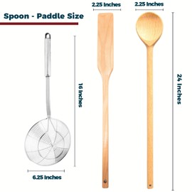 Extra Long 24” Wooden Paddle + 24" Wood Spoon +16” Stainless Steel Strainer Skimmer, Stirring Utensils, Cooking, Mixing, Home Brewing Stock Pots Cajun Crawfish, Seafood and Crab Pot Boil Accessories
