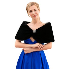 Aukmla Wedding Party Fur Wraps and Shawls Bridal Fur Stole Sleeveless Faux Fur Shawl with Stunning Rhinestones Brooch (Black)