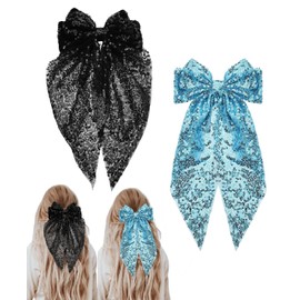 Blue and Black Sequin Hair Bow Clips Ponytail Holder Large Bow-Knot Hair Barrettes Princess Hair Accessories Costume for Women Girls Glitter Birthday Party Hair Bow Cosplay Headpiece 2Pcs