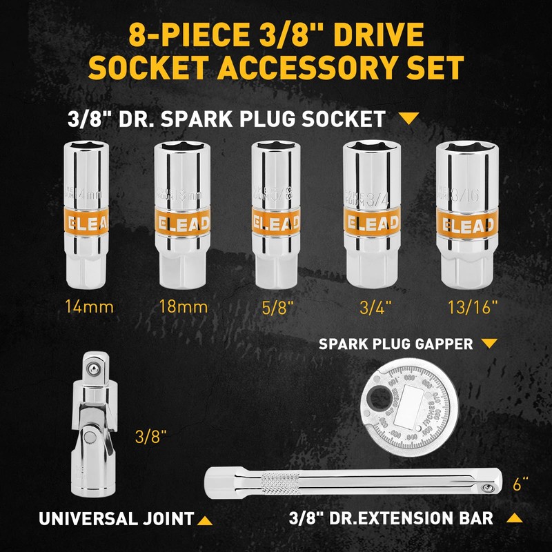 ELEAD 8-Piece 3/8" Drive Spark Plug Socket Set with Universal