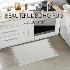 Savi Home Cotton Woven Jacquard Bathroom Rug Set of 2, Woven Fringe Bathroom Mats, 100% Cotton, Non - Slip Bath Mat, Durable Thick Bath Mat 17”x30”& 20"x38" with Fringes, White