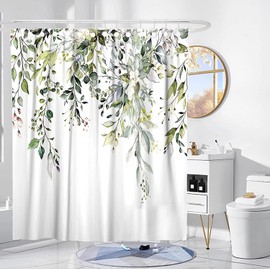 POATOW Eucalyptus Shower Curtain,Watercolor Leaves on The Top Plant with Floral Bathroom Decoration Shower Curtain Sets 72x72 Inch with Hooks