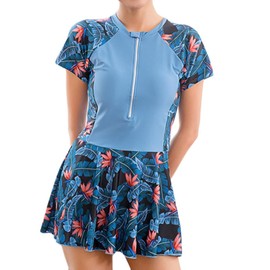 JadeRich Teen Girls One Piece Short Sleeve Swim Dress Rash Guard Bathing Suit Skirted Zip Front Swimwear Blue