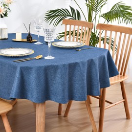 Wolkemer Faux Linen Oval Tablecloth 52 x 70 Inch Navy Blue Farmhouse Rustic Table Cloth Wrinkle Resistant Washable Fabric Table Clothes for Dining Kitchen Party Decor Table Cover Indoor and Outdoor