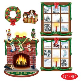 Beistle Indoor Christmas Props, 5 Pieces, 15"-49" - Printed Plastic Holiday Decorations, Festive Photo Booth Background