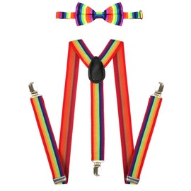 Cadimus Rainbow Bow Tie Braces Set, Y Shape Braces with Metal Clips, Unisex, Adjustable Bow Tie and Braces, Rainbow Costume Accessories for Carnival Theme Party, multicoloured