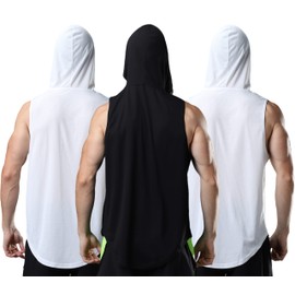 ROGUDUA Men's Hooded Tank Top Quick Dry Muscle Gym Shirts Workout Sleeveless Hoodie 3 Pack White White Black US Size S