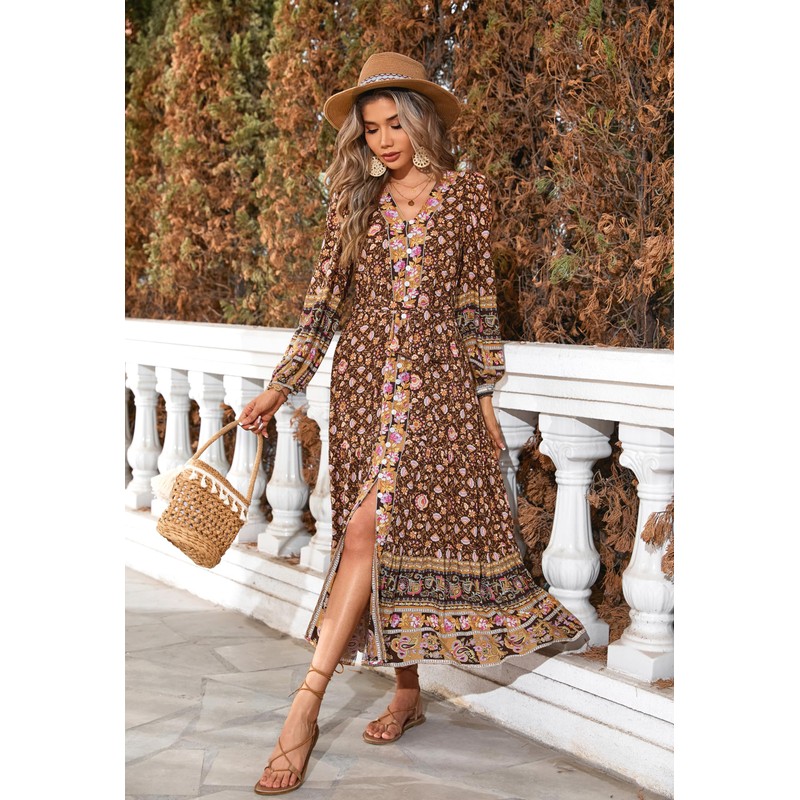 R.Vivimos Women's Long Sleeve Boho Midi Dress V Neck Floral