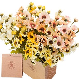 SNAIL GARDEN 6Pack Artificial Daisy Flowers, 21Heads Per Bunche Silk Gerber Daisy Wildflowers with 1 Vase Kraft Paper Bag for Home Office Table Outside Farmhouse Garden DÃ©cor Wedding Flower Bouquet