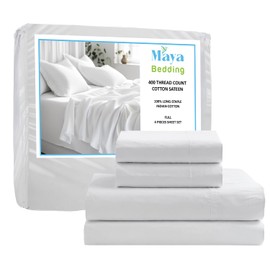 Maya Bedding Full 100% Cotton Bedsheet Set (4Pcs) - Bright White - 400 Thread Count Sateen Weave, Snug Bottom Deep Pocket Fitted Sheet, Fade Resistant & Envelope Closure Pillowcases