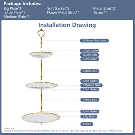 BPFY 3 Tier Porcelain Serving Tray with Elegant Floral Gold Trim - Embossed Food Grade Tiered Cupcake Stand - Serving Stand for Parties & Weddings & Baby Showers